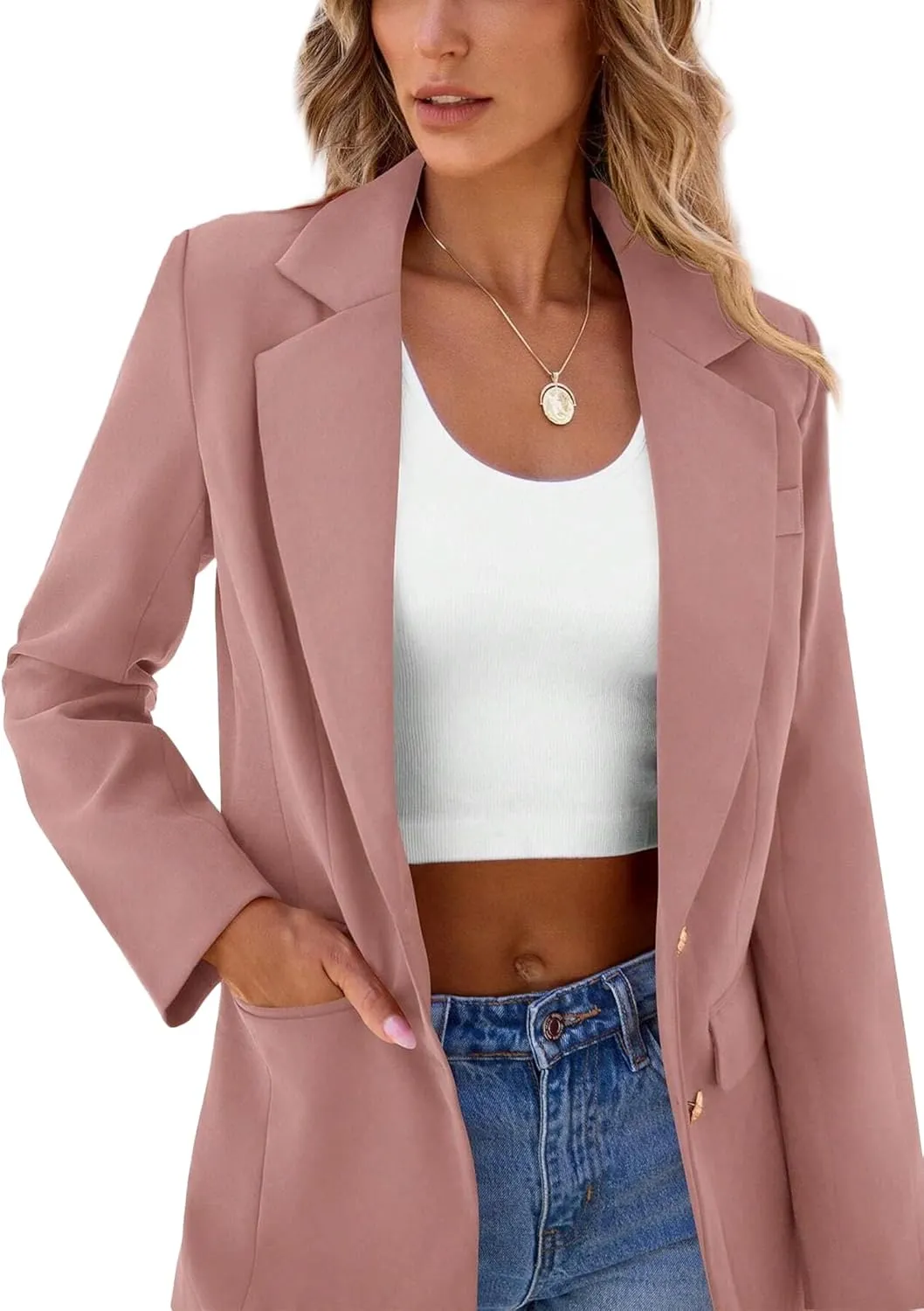 2024 Women's Fall Winter Blazer Business Casual Suit-Fully Lined Notch Lapel Solid Button Loose Jacket with Pockets