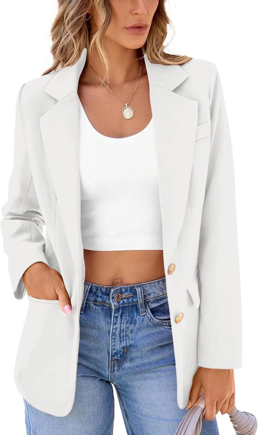2024 Women's Fall Winter Blazer Business Casual Suit-Fully Lined Notch Lapel Solid Button Loose Jacket with Pockets