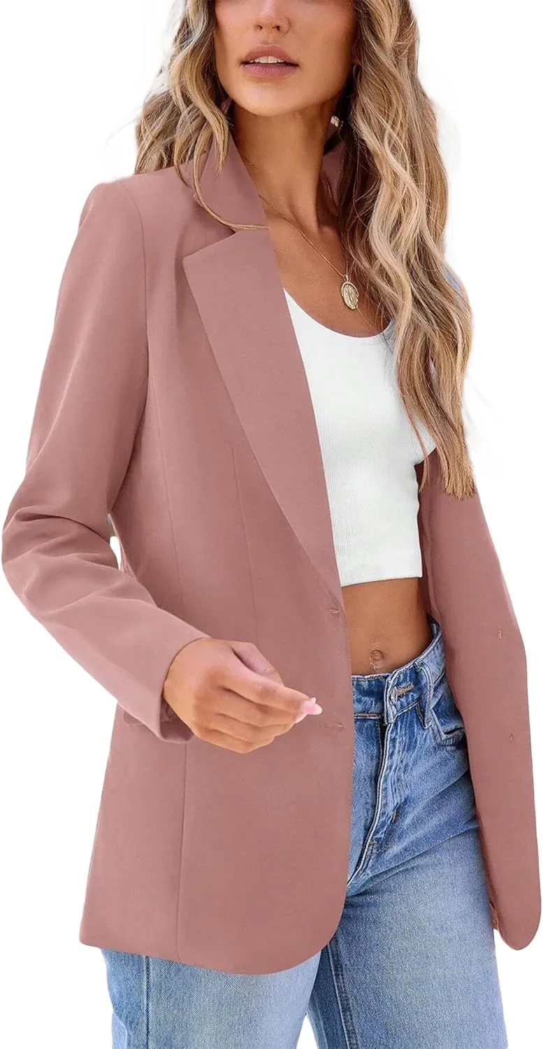 2024 Women's Fall Winter Blazer Business Casual Suit-Fully Lined Notch Lapel Solid Button Loose Jacket with Pockets