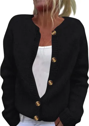 2024 Women's Fashion Solid Colour Long Sleeve Knitted Cardigan Button Up Jacket