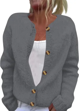 2024 Women's Fashion Solid Colour Long Sleeve Knitted Cardigan Button Up Jacket
