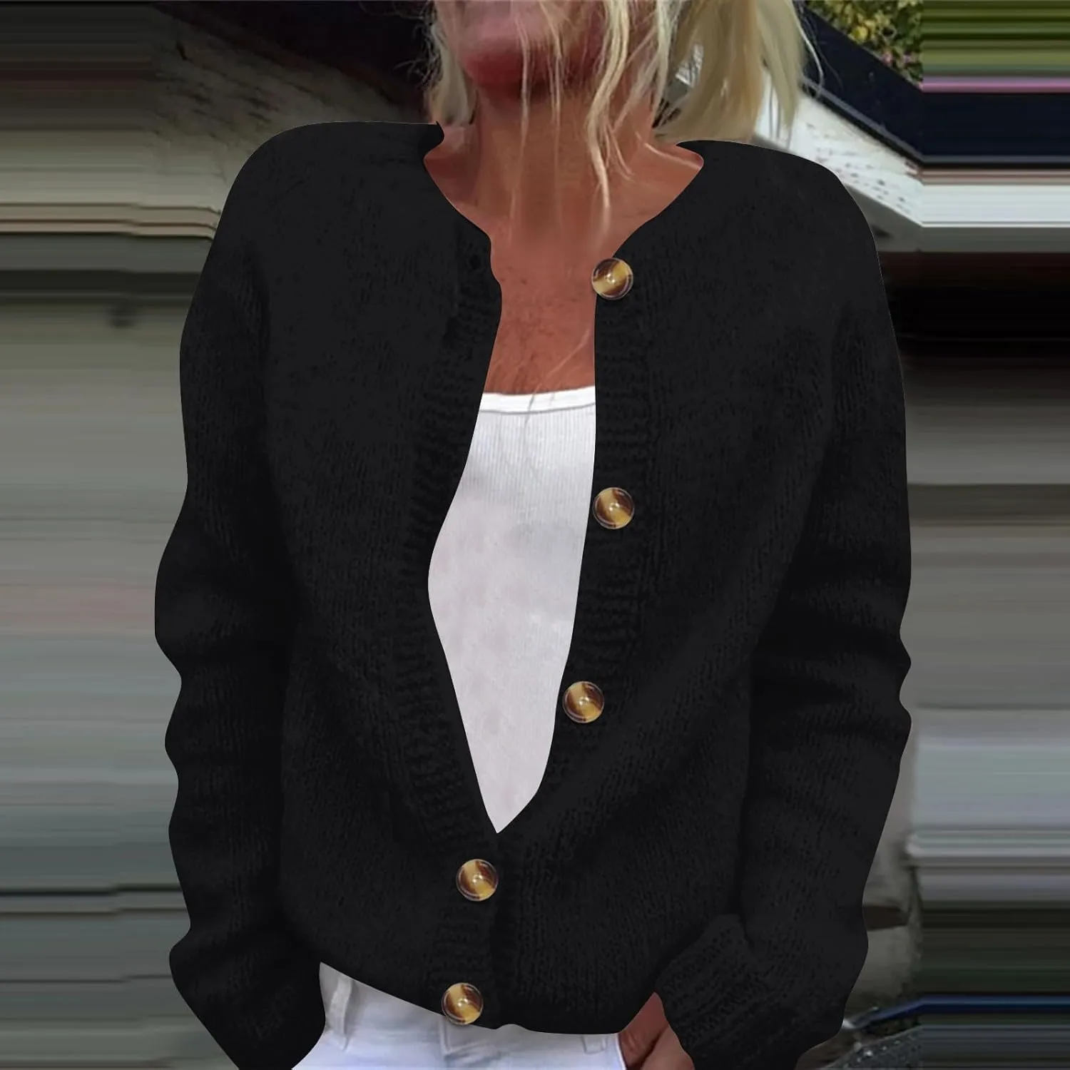 2024 Women's Fashion Solid Colour Long Sleeve Knitted Cardigan Button Up Jacket