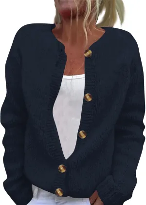 2024 Women's Fashion Solid Colour Long Sleeve Knitted Cardigan Button Up Jacket