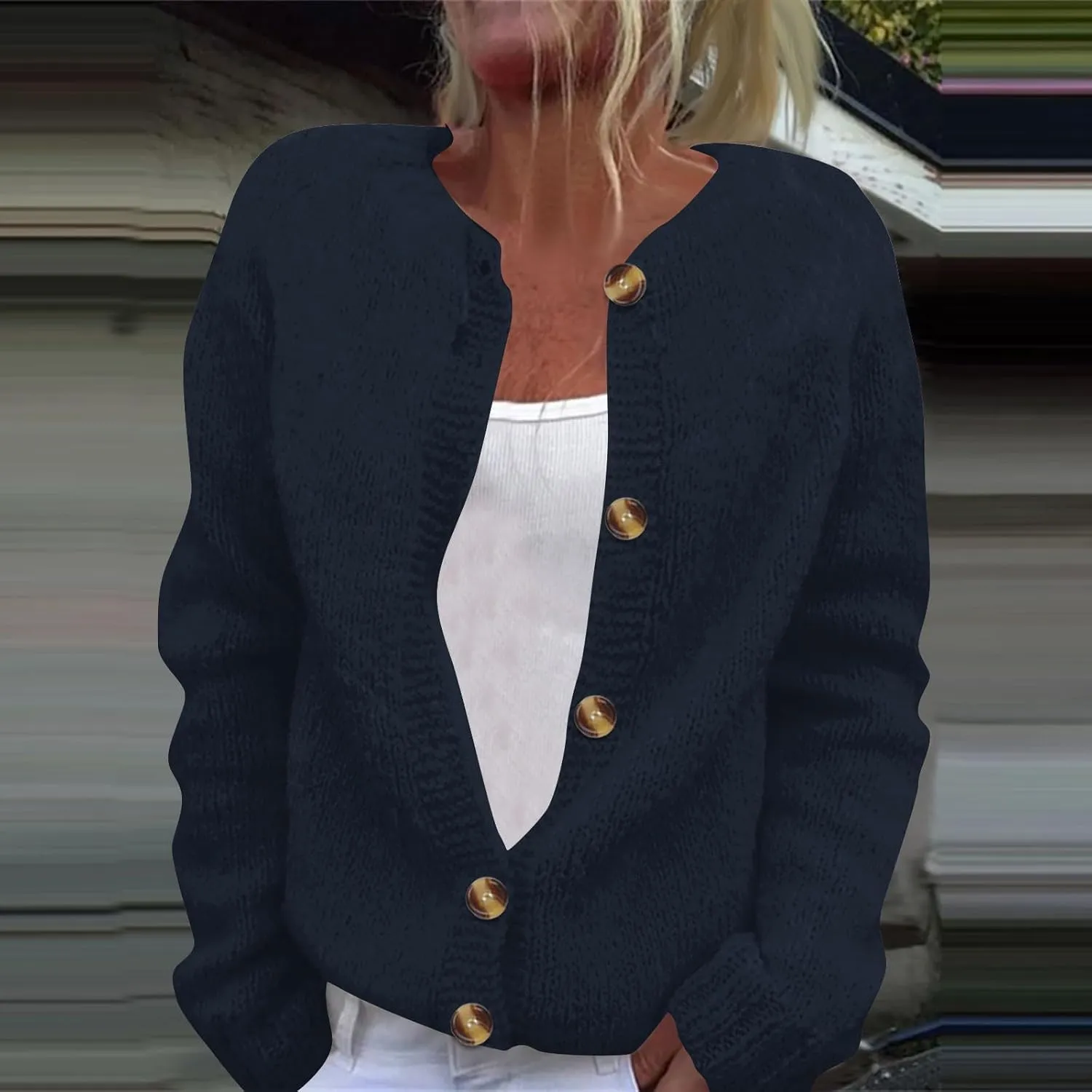 2024 Women's Fashion Solid Colour Long Sleeve Knitted Cardigan Button Up Jacket