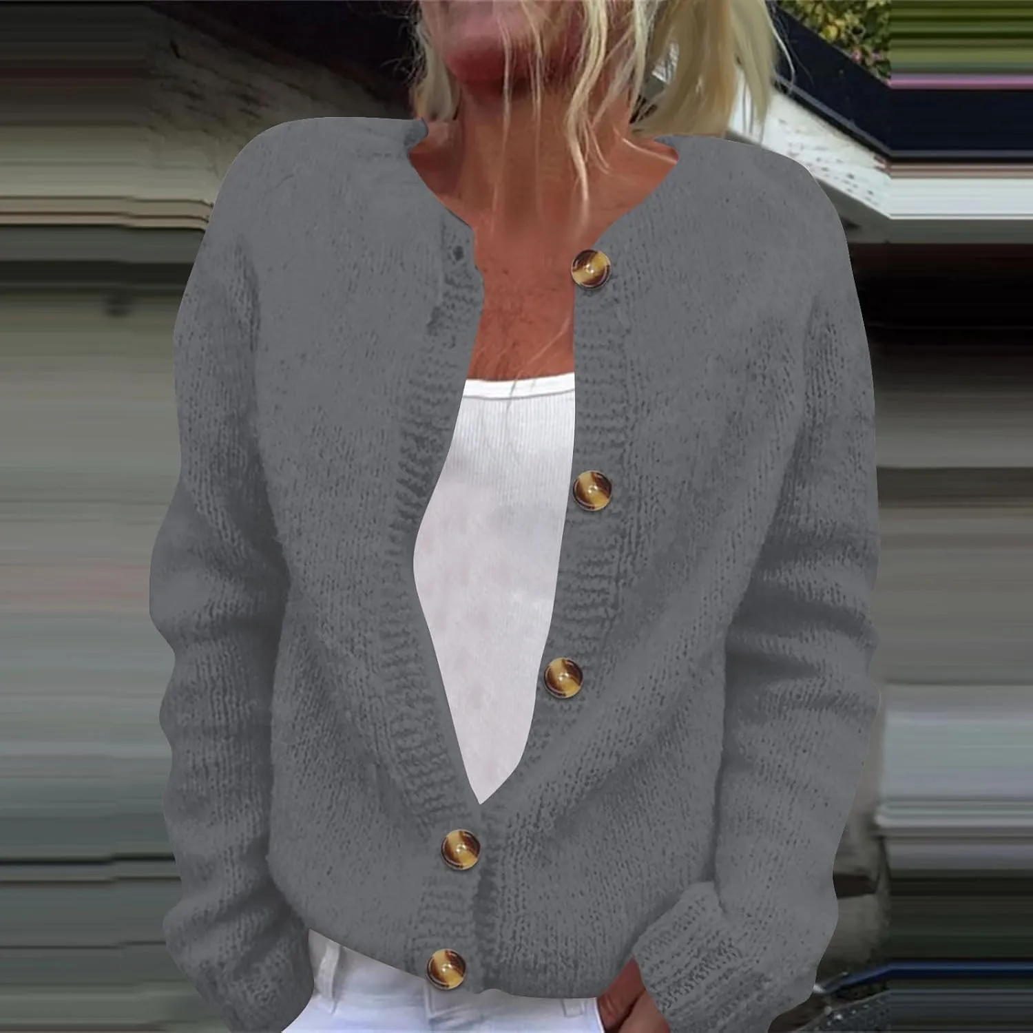 2024 Women's Fashion Solid Colour Long Sleeve Knitted Cardigan Button Up Jacket