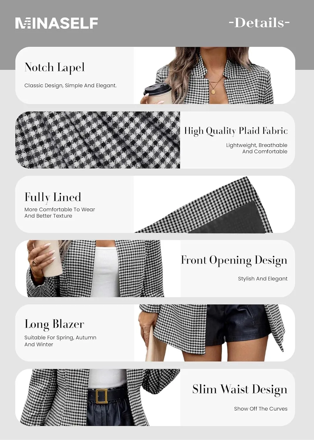 2025 Women’s Spring Long Plaid Blazer Jacket Houndstooth Notch-Collar Open Front Fashion Casual Suit with Pockets