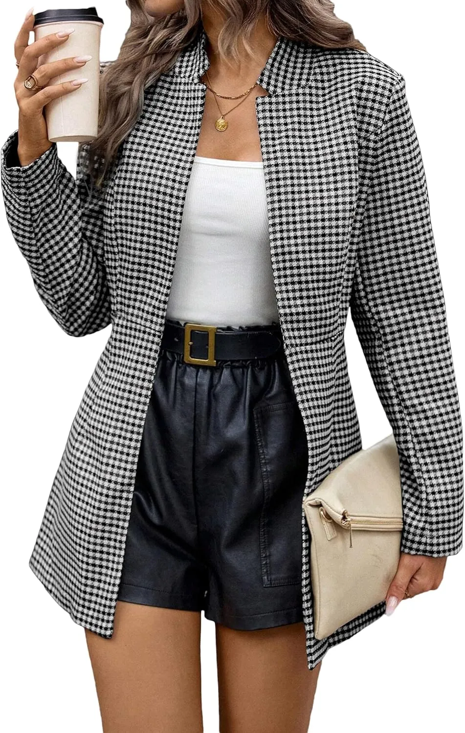 2025 Women’s Spring Long Plaid Blazer Jacket Houndstooth Notch-Collar Open Front Fashion Casual Suit with Pockets