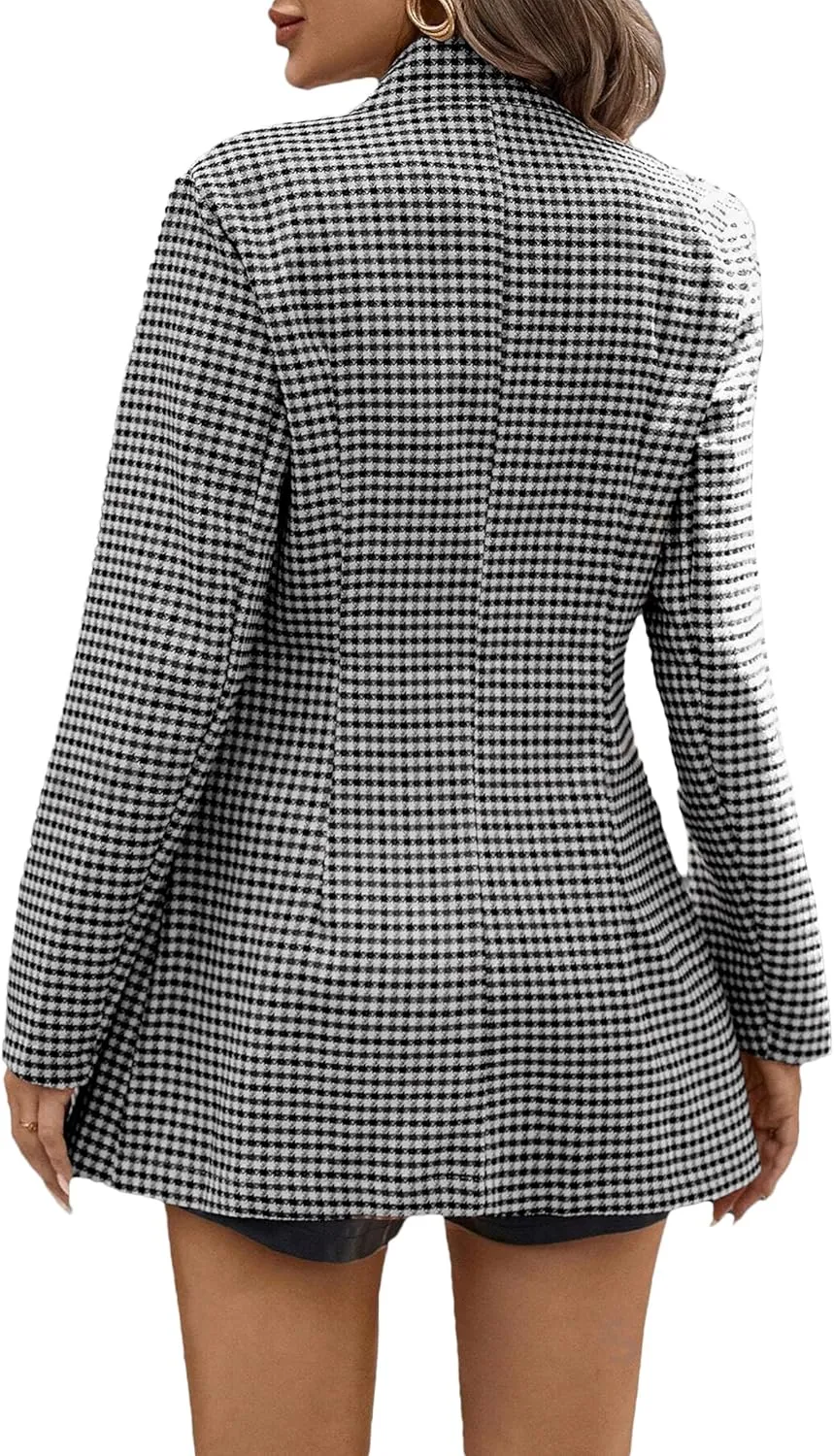 2025 Women’s Spring Long Plaid Blazer Jacket Houndstooth Notch-Collar Open Front Fashion Casual Suit with Pockets