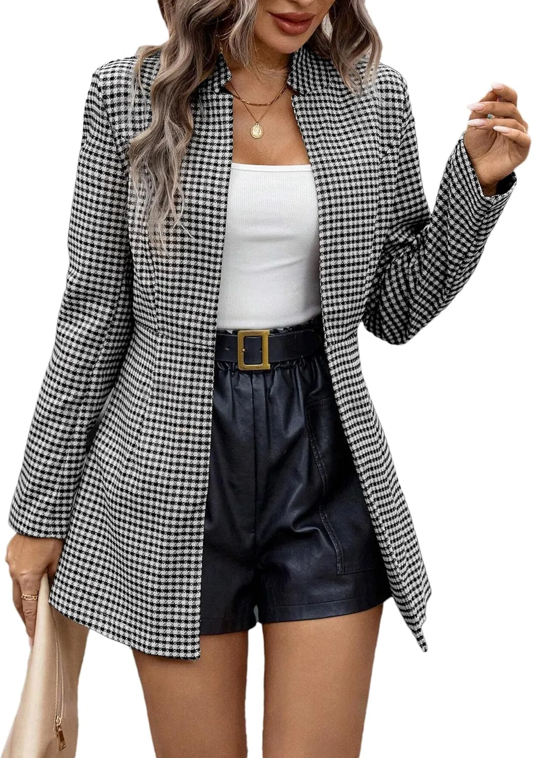 2025 Women’s Spring Long Plaid Blazer Jacket Houndstooth Notch-Collar Open Front Fashion Casual Suit with Pockets