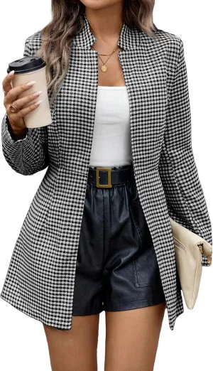 2025 Women’s Spring Long Plaid Blazer Jacket Houndstooth Notch-Collar Open Front Fashion Casual Suit with Pockets