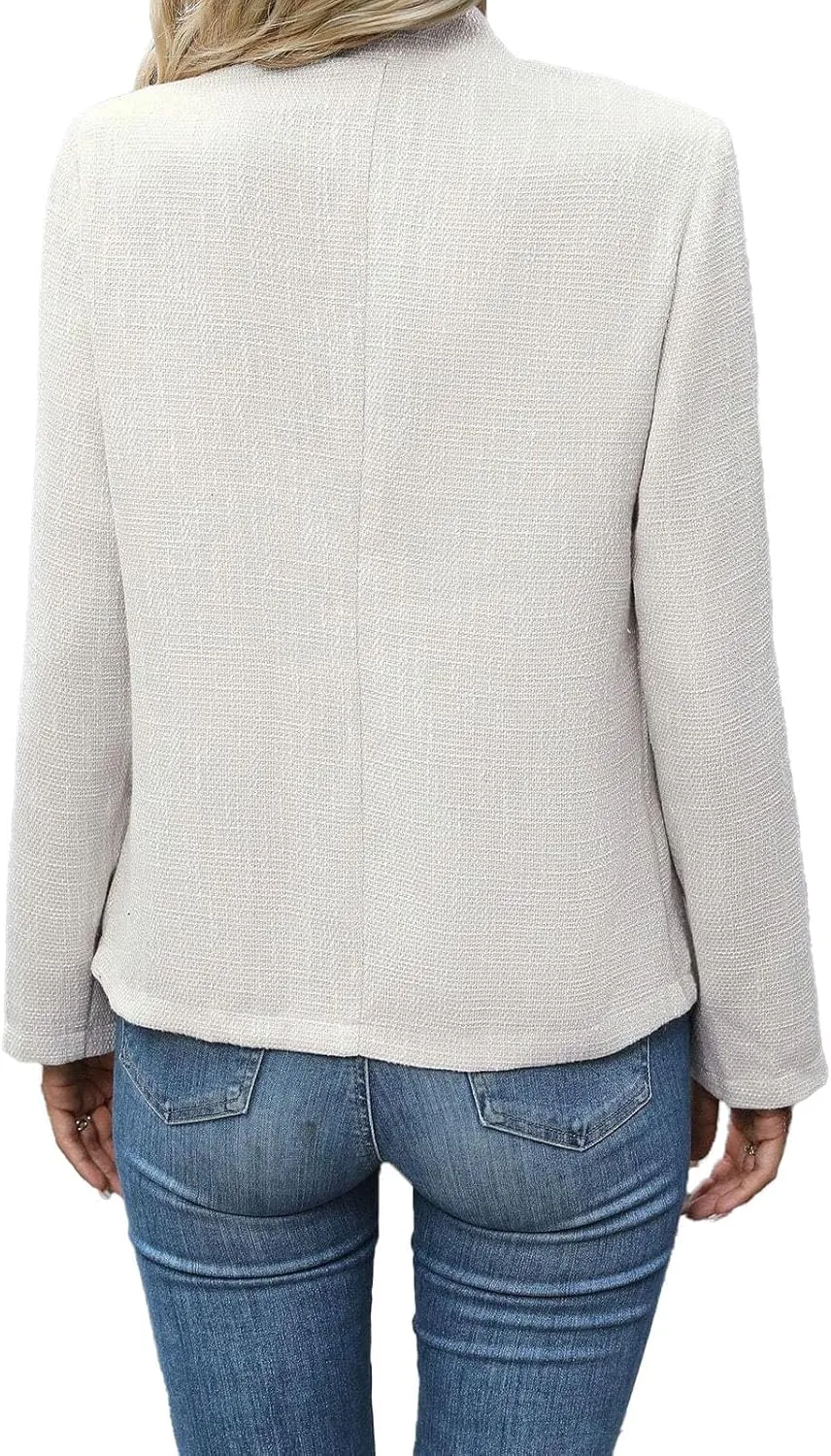 2025 Women's Tweed Blazer Lightweight Plaid Open-Front Stand-Collar Fully-Lined Casual Fashion Elegant Jacket