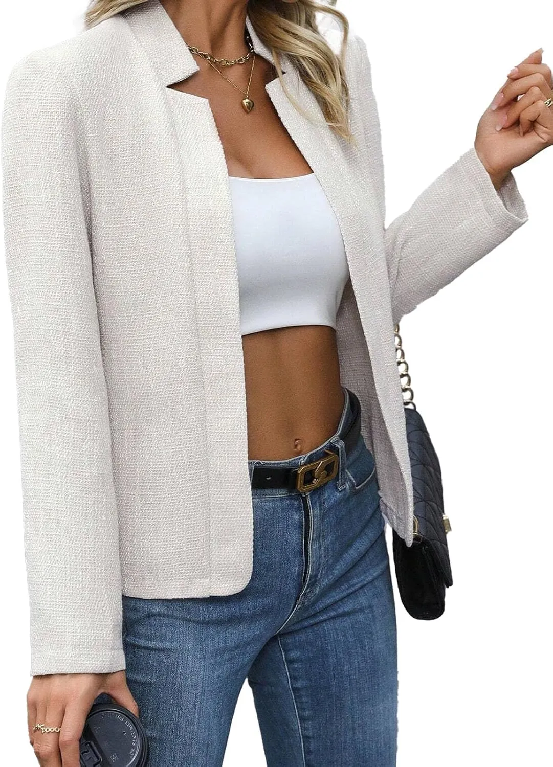2025 Women's Tweed Blazer Lightweight Plaid Open-Front Stand-Collar Fully-Lined Casual Fashion Elegant Jacket