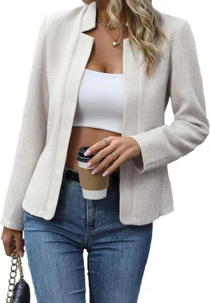 2025 Women's Tweed Blazer Lightweight Plaid Open-Front Stand-Collar Fully-Lined Casual Fashion Elegant Jacket