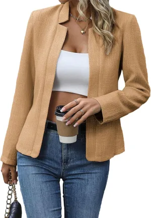 2025 Women's Tweed Blazer Lightweight Plaid Open-Front Stand-Collar Fully-Lined Casual Fashion Elegant Jacket