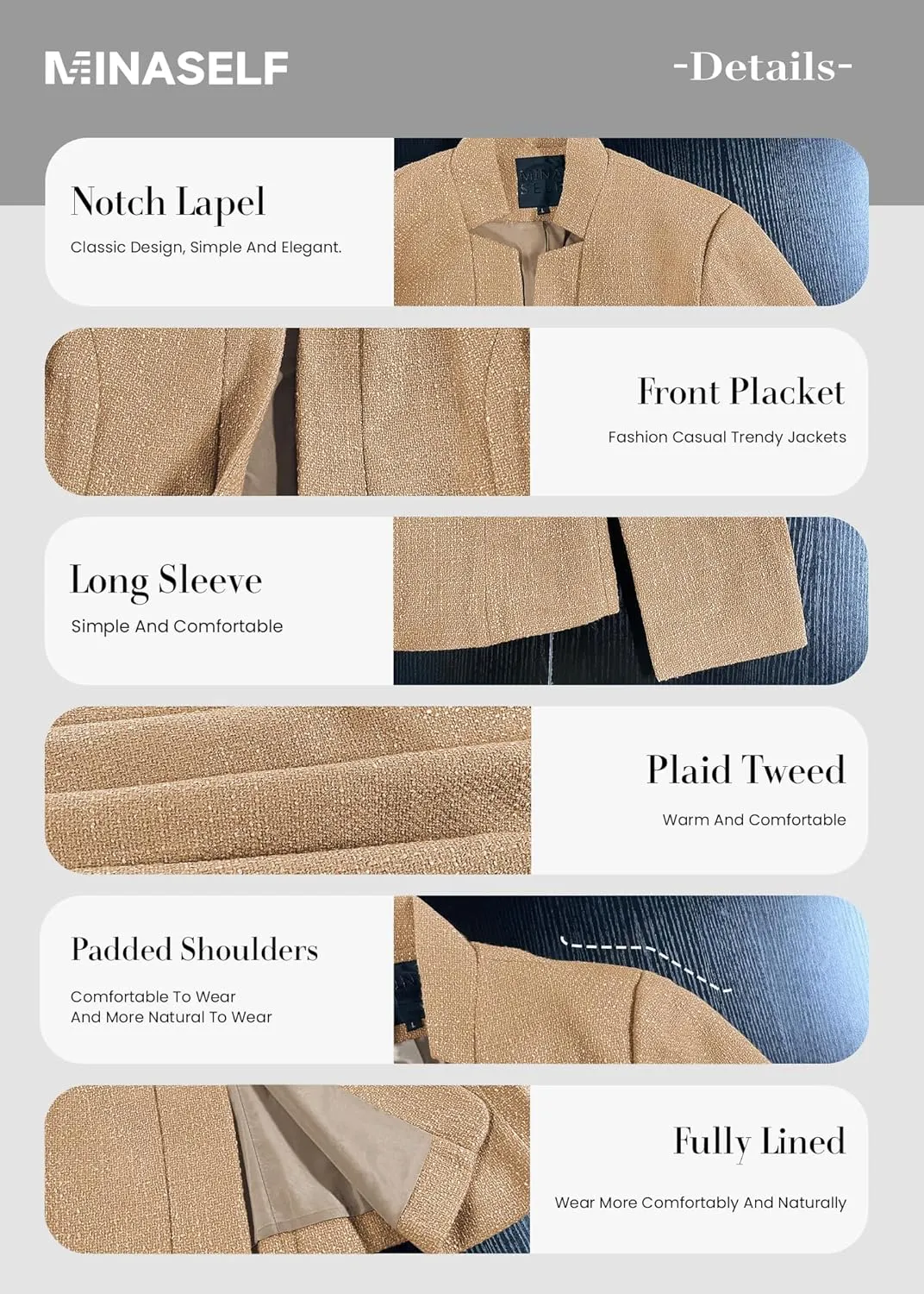 2025 Women's Tweed Blazer Lightweight Plaid Open-Front Stand-Collar Fully-Lined Casual Fashion Elegant Jacket