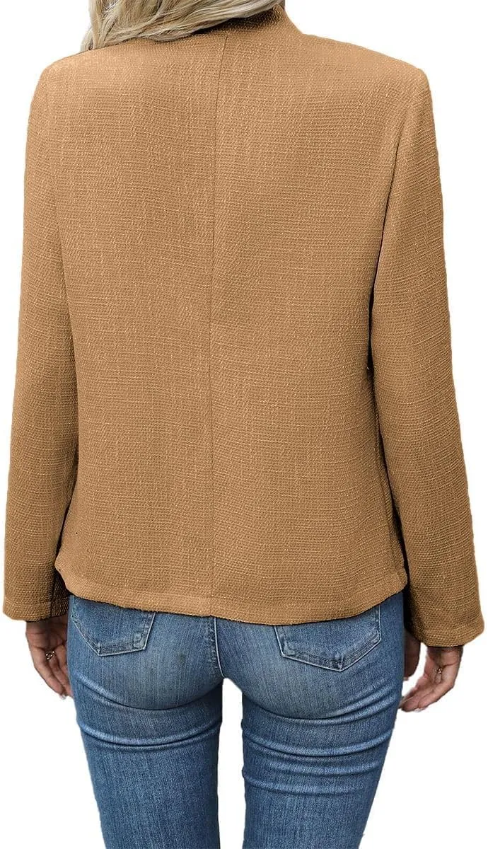 2025 Women's Tweed Blazer Lightweight Plaid Open-Front Stand-Collar Fully-Lined Casual Fashion Elegant Jacket