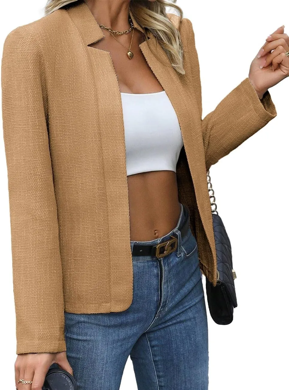 2025 Women's Tweed Blazer Lightweight Plaid Open-Front Stand-Collar Fully-Lined Casual Fashion Elegant Jacket