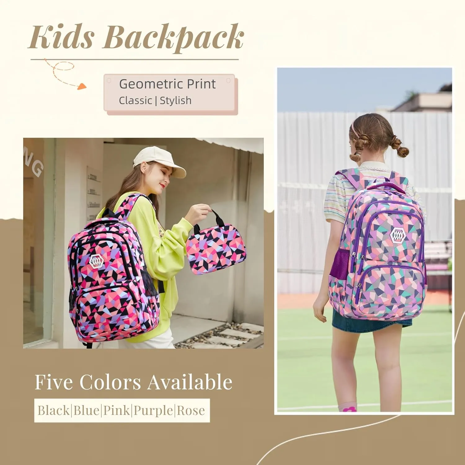 3Pcs Geometric Print Kids Backpack Set for Girls with Lunchbag, Purple Girls Backpack Elementary Middle School Bag Bookbag