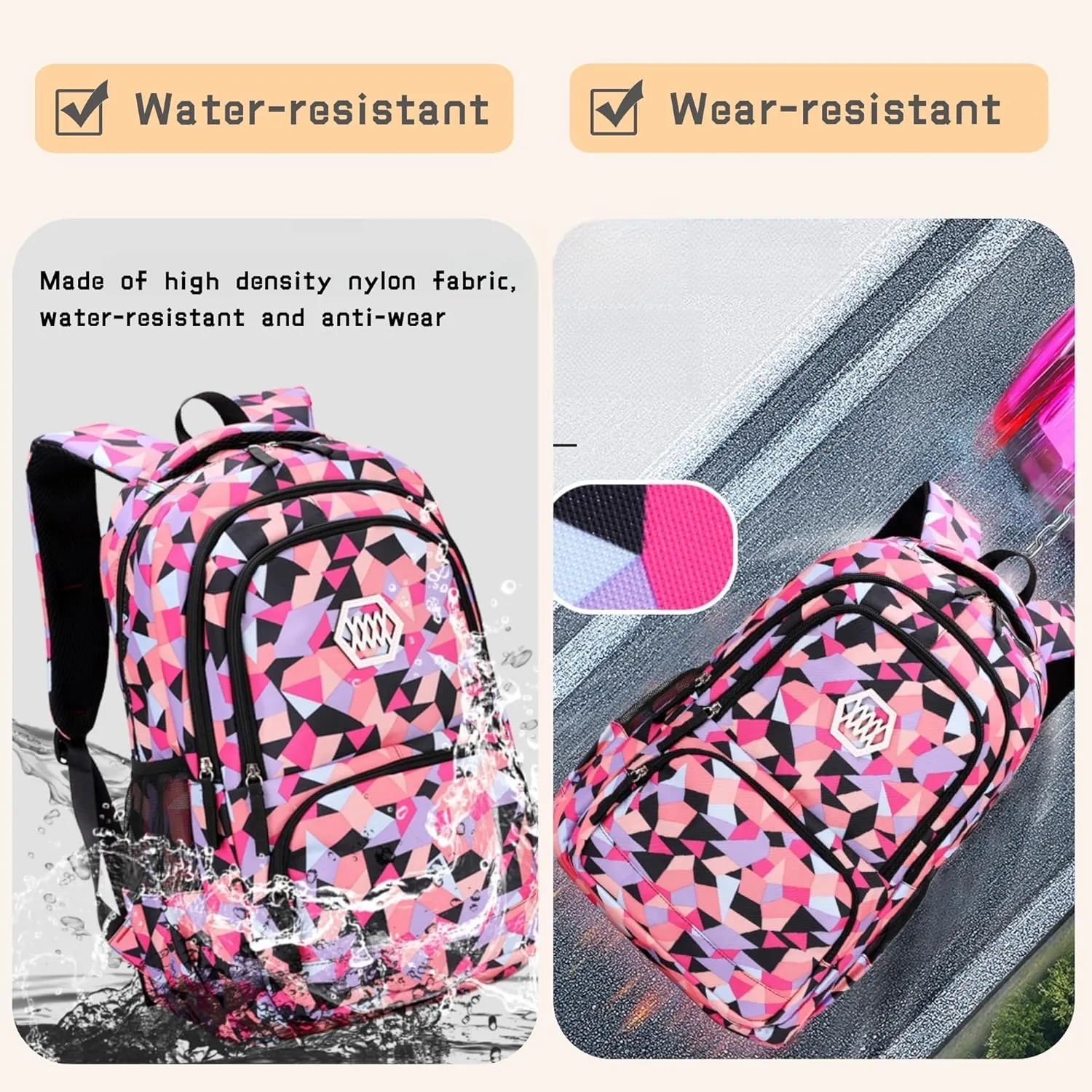 3Pcs Geometric Print Kids Backpack Set for Girls with Lunchbag, Purple Girls Backpack Elementary Middle School Bag Bookbag