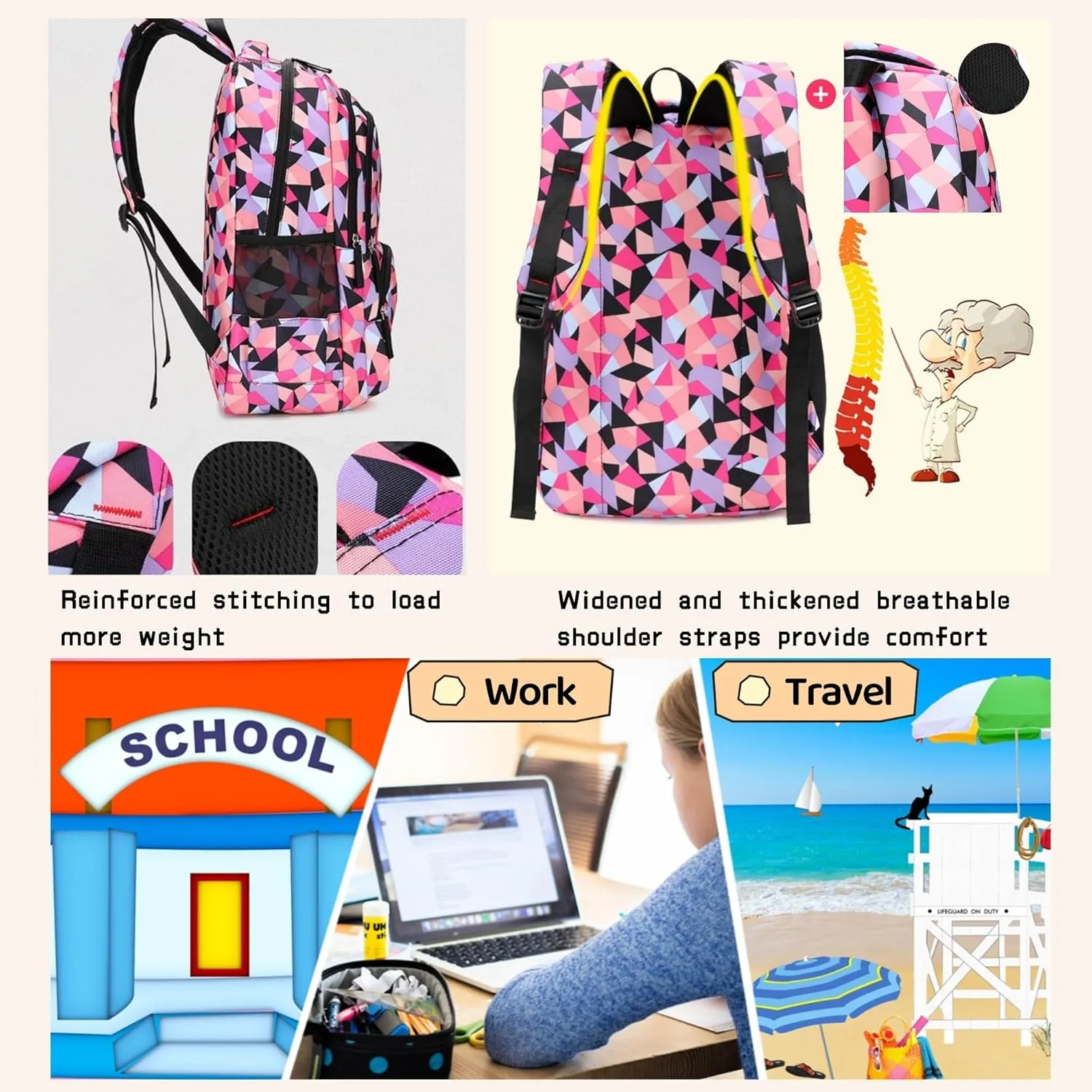 3Pcs Geometric Print Kids Backpack Set for Girls with Lunchbag, Purple Girls Backpack Elementary Middle School Bag Bookbag