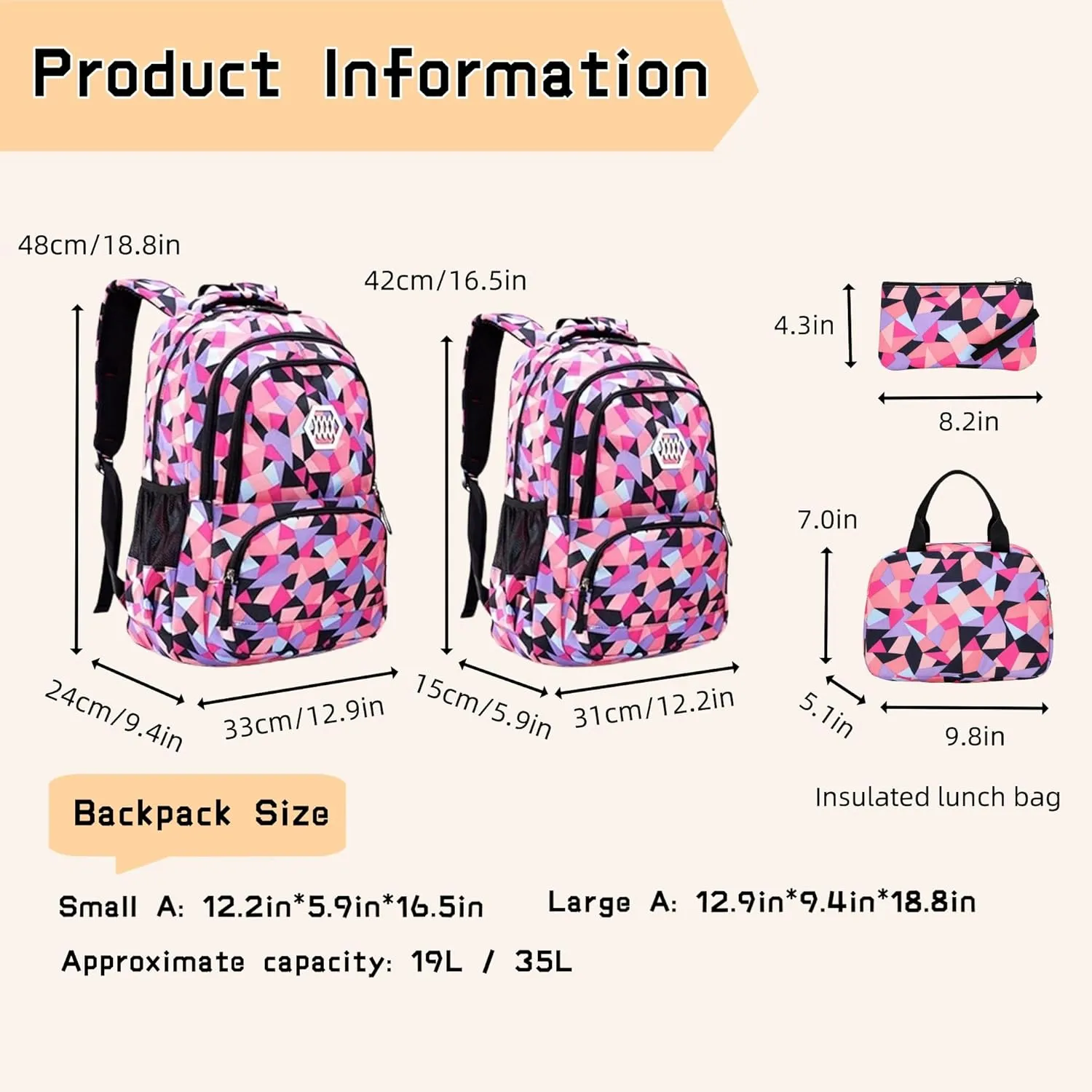 3Pcs Geometric Print Kids Backpack Set for Girls with Lunchbag, Purple Girls Backpack Elementary Middle School Bag Bookbag