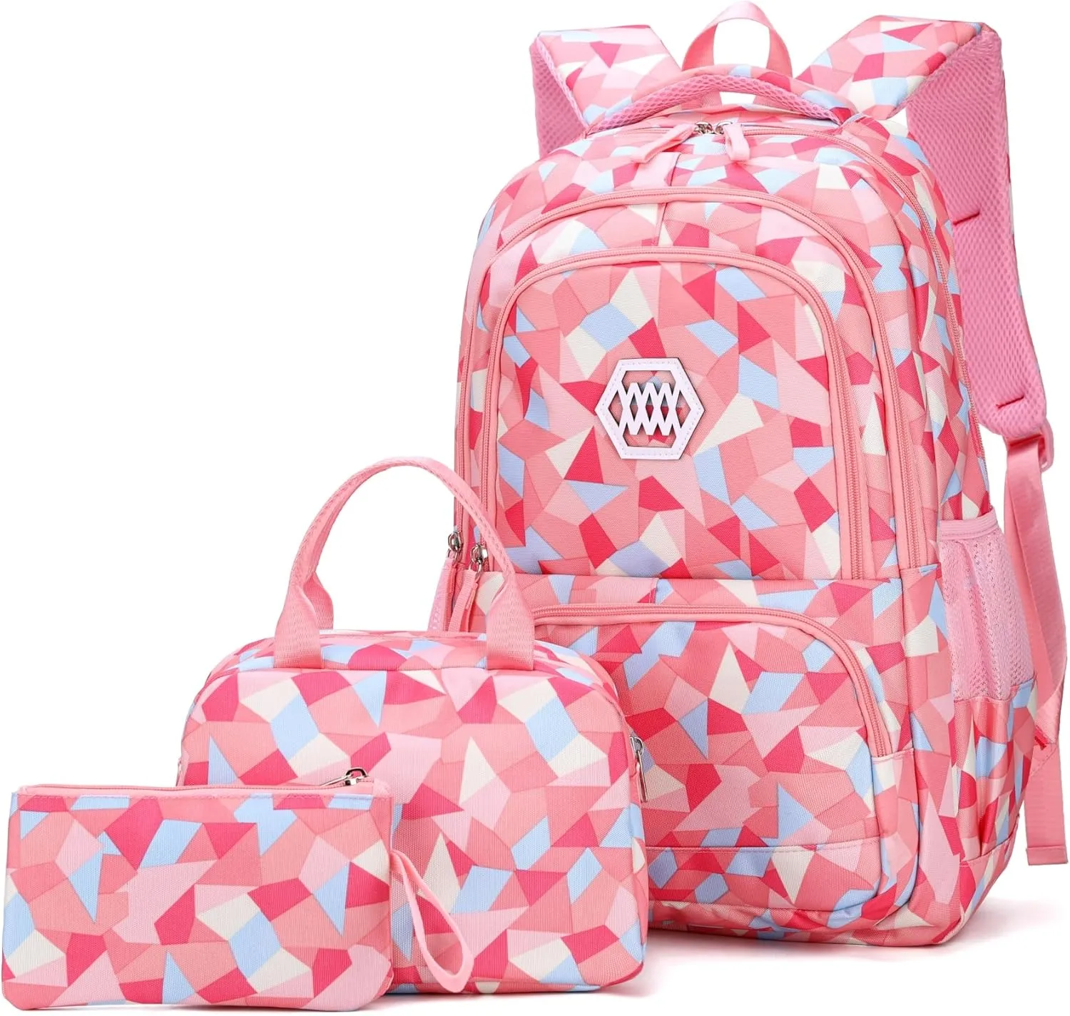 3Pcs Geometric Print Kids Backpack Set for Girls with Lunchbox, Capacity Elementary Middle School Bag Girls Backpack and Lunchbox Set