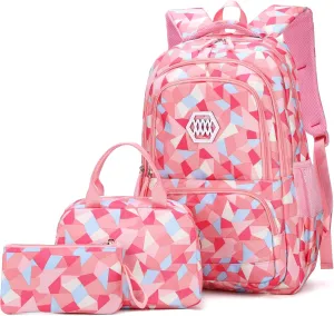3Pcs Geometric Print Kids Backpack Set for Girls with Lunchbox, Capacity Elementary Middle School Bag Girls Backpack and Lunchbox Set