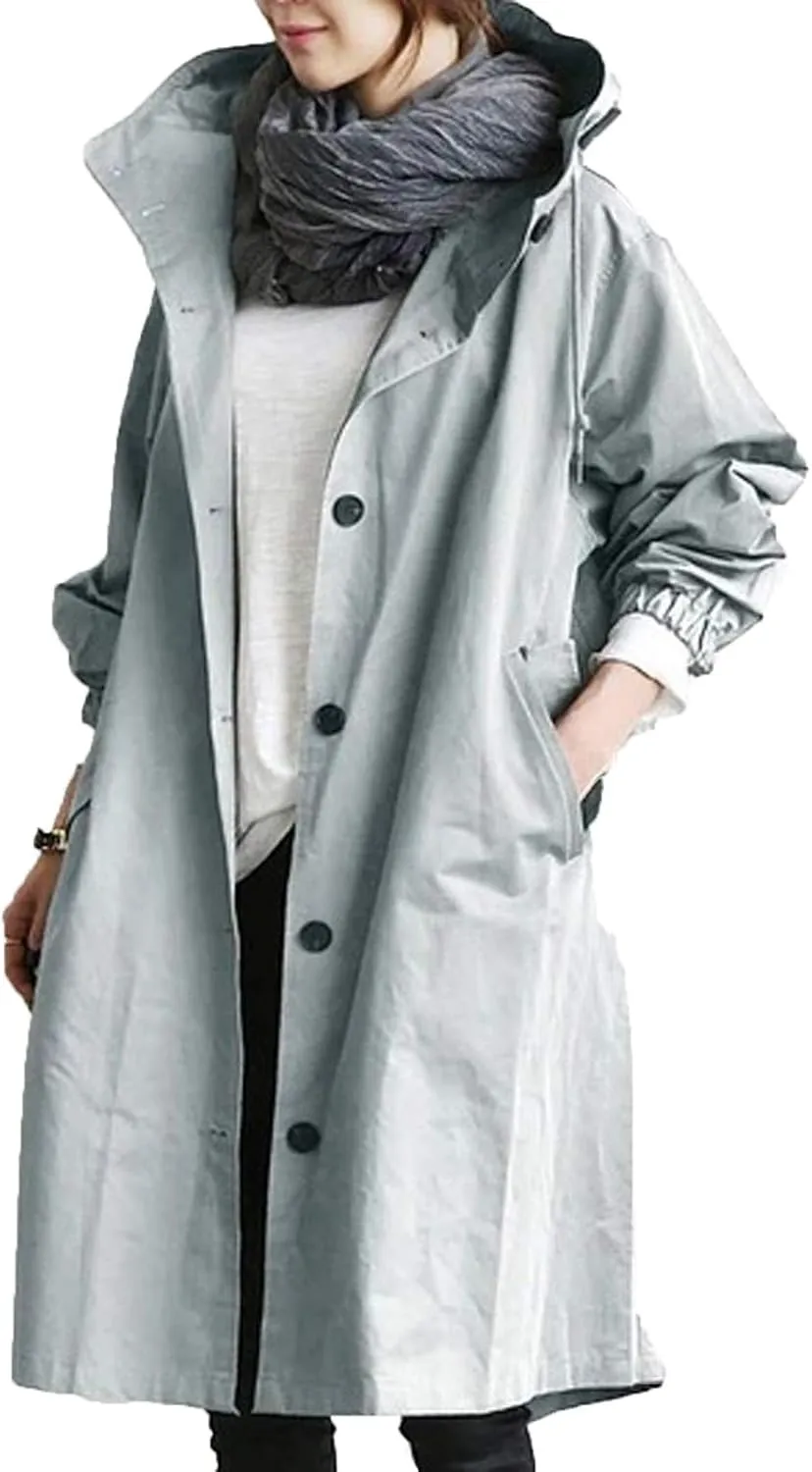 aihihe Women's Lightweight Hooded Trench Coat Outdoor Long Jacket Plus Size Button Up Windbreaker Outerwear with Pockets
