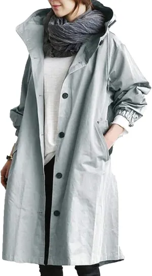 aihihe Women's Lightweight Hooded Trench Coat Outdoor Long Jacket Plus Size Button Up Windbreaker Outerwear with Pockets