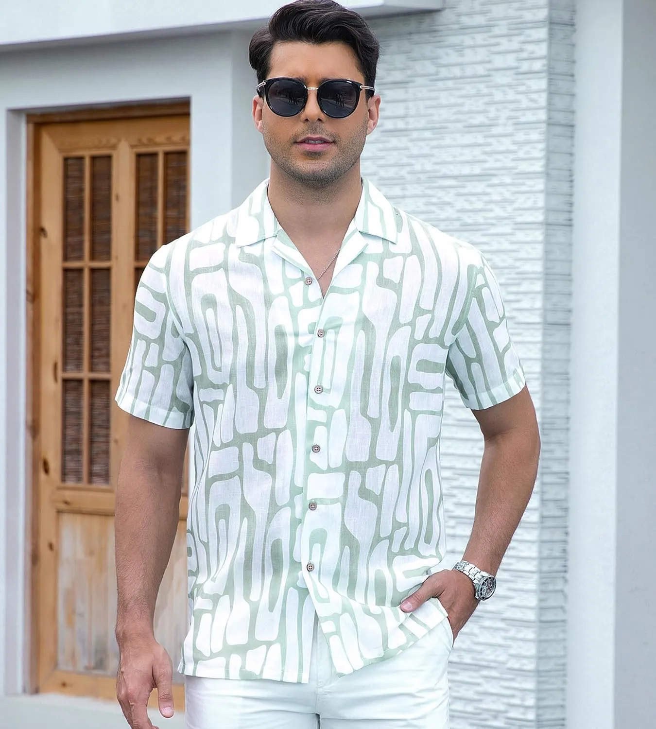 Alex Vando Mens Print Linen Cotton Shirts Short Sleeve Casual Summer Beach Hawaiian Shirt for Men