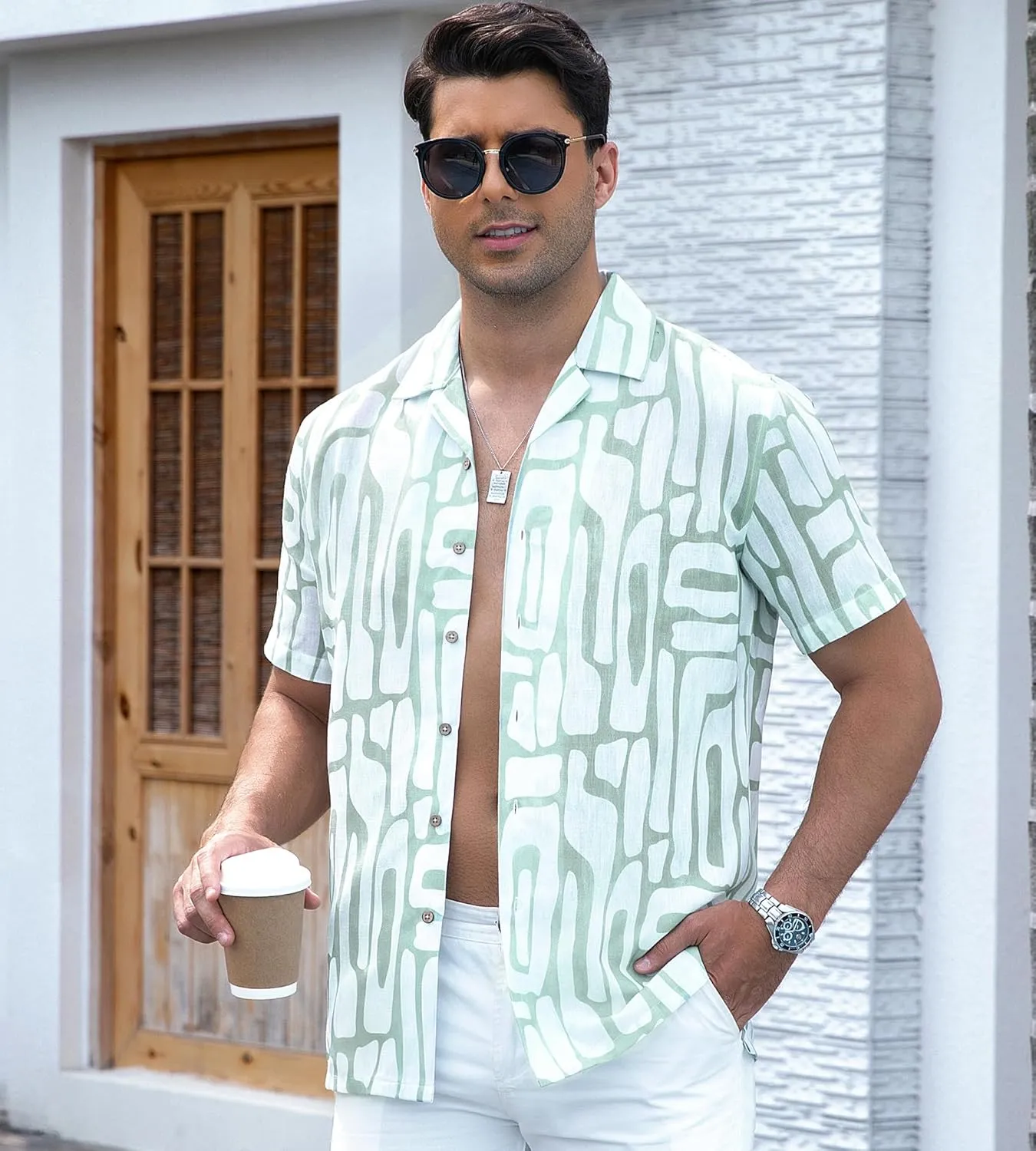 Alex Vando Mens Print Linen Cotton Shirts Short Sleeve Casual Summer Beach Hawaiian Shirt for Men