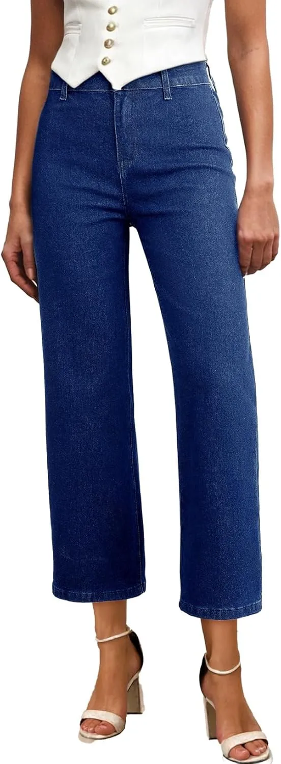 Astylish Womens High Waisted Jeans Stretchy Wide Leg Straight Trendy 2025 Summer Ankle Denim Pants No Front Pockets