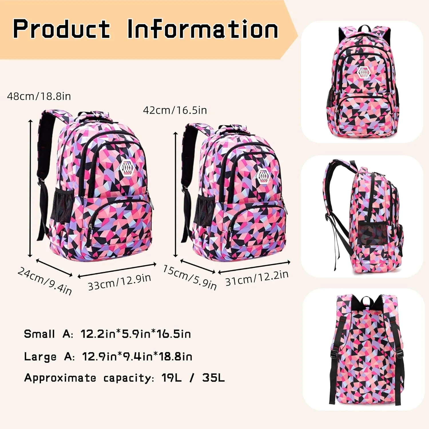 Bansusu Geometric Print Backpacks for Girls Boys School, Capacity School Girls Backpacks for Kids Water-resistant Bookbags, Black-S