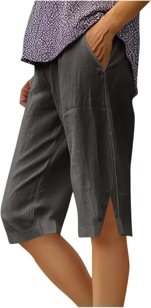 Bermuda Shorts for Women Knee Length Elastic Waist Linen Capris Casual Summer Straight Leg Beach Shorts