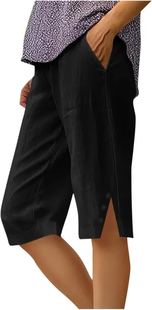 Bermuda Shorts for Women Knee Length Elastic Waist Linen Capris Casual Summer Straight Leg Beach Shorts