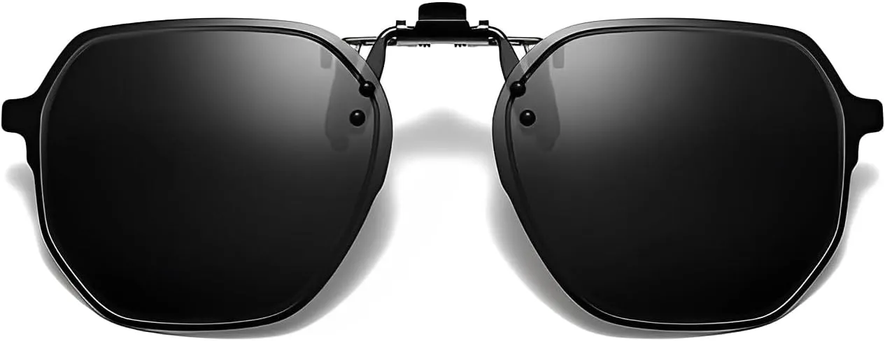 Black Irregular Polygon Clip-On Sunglasses – Polarized, Blue Light Blocking & UV400, Anti-Glare for Driving/Outdoor/Digital Use