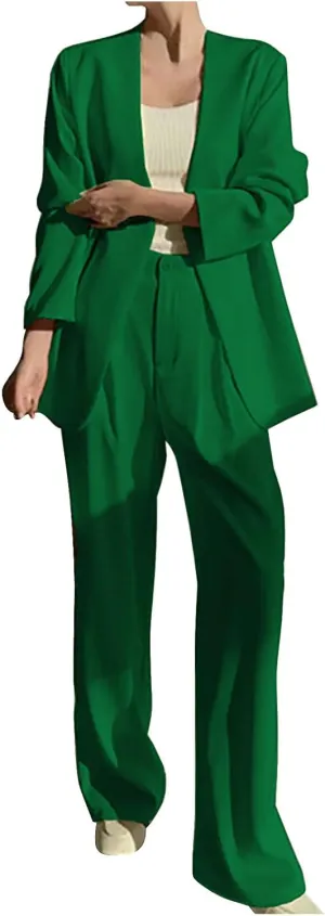 Blazer Sets Women 2 Piece Outfits Casual Loose Long Blazer Jackets and Dressy Wide Leg Pant Suits with Pockets