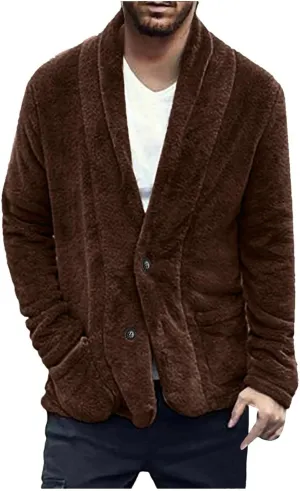 Burband Mens Winter Warm Fleece Jackets Sherpa Fleece Open Front Shawl Collar Cardigans Fuzzy Button Down Kimono Cloaks