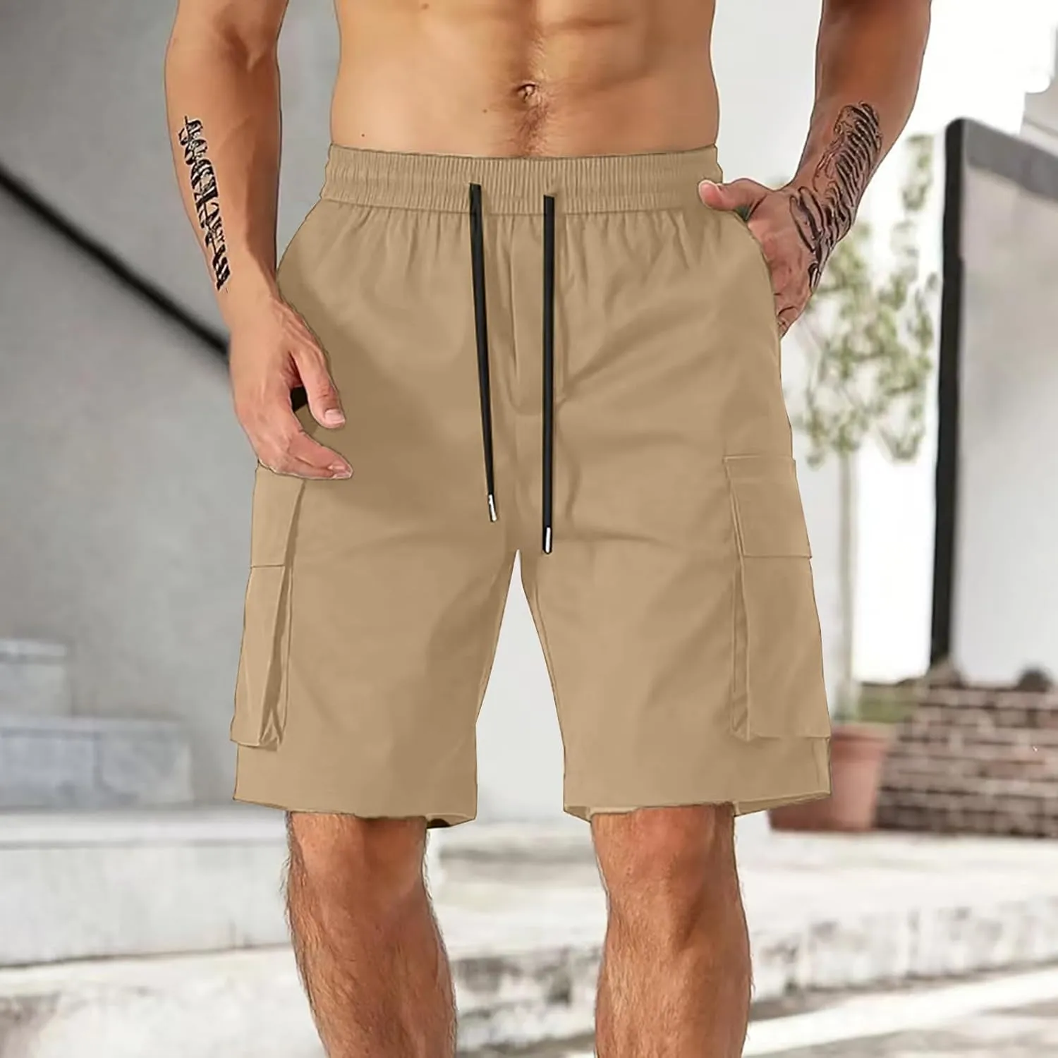 Cargo Shorts Men Drawstring Waist Utility Pocket Shorts for Outdoor Casual Bermudas or Daily Function Wear Golf