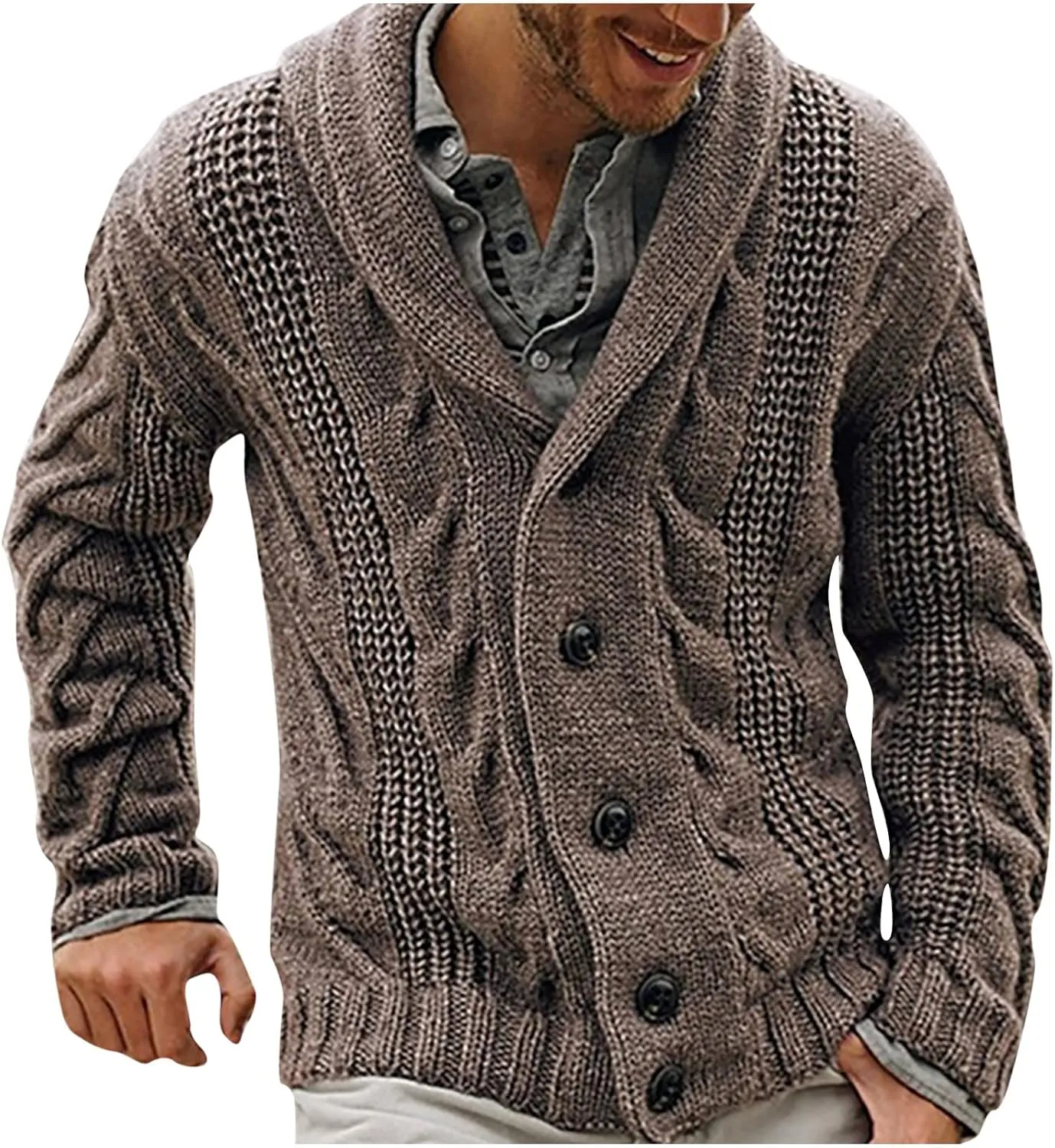 Color Block Sweater Men Shawl Collar Cardigans Button Up Knit Cardigan Slim Fit Lightweight Cable Knit Sweaters