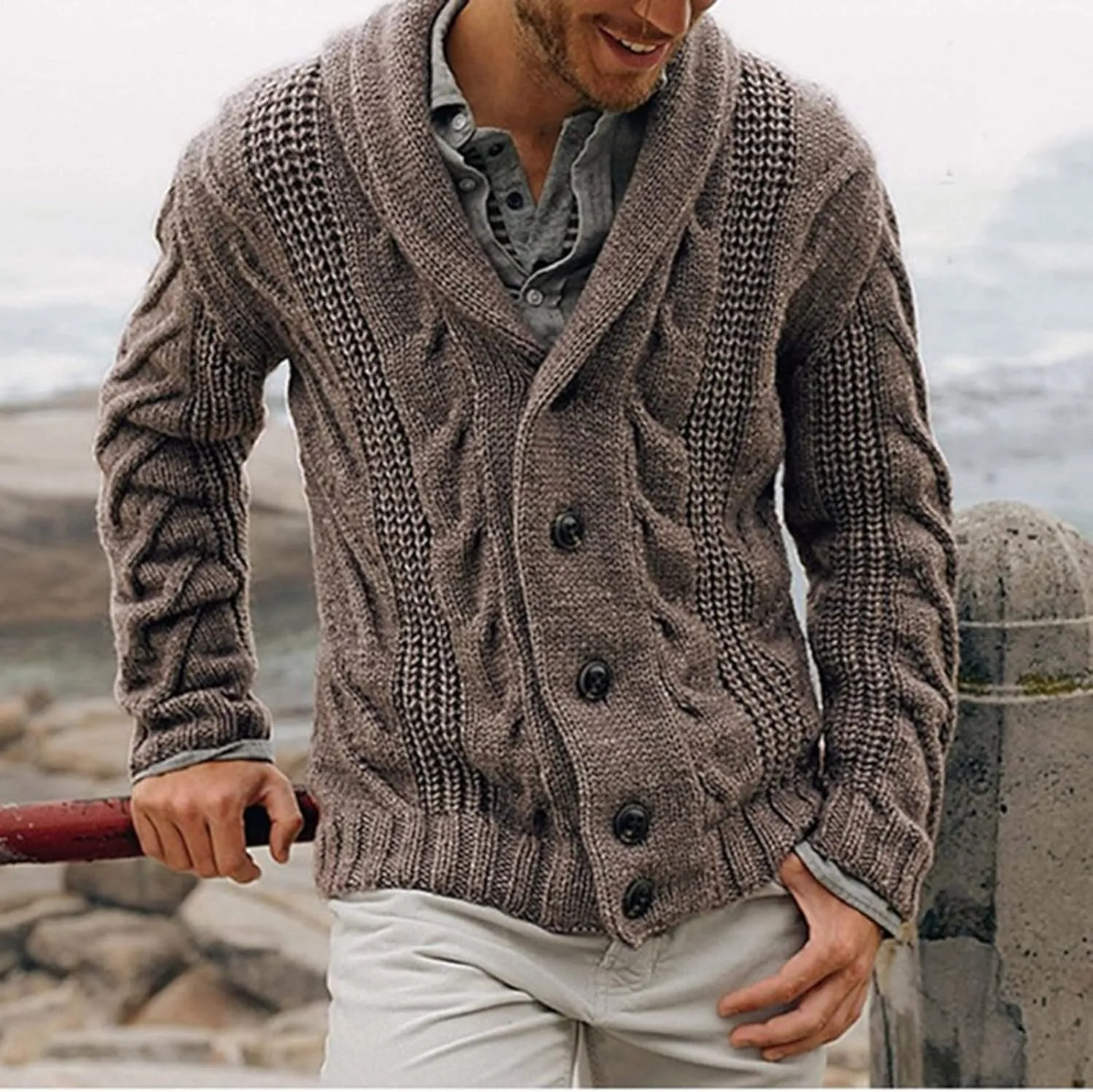 Color Block Sweater Men Shawl Collar Cardigans Button Up Knit Cardigan Slim Fit Lightweight Cable Knit Sweaters