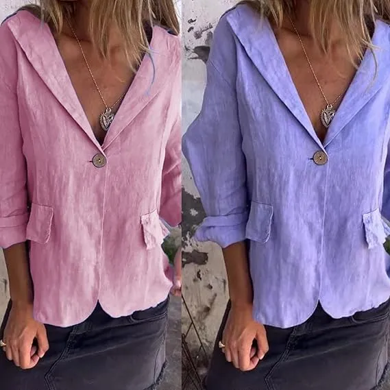 Cotton and Linen Casual Lapel Single-Button Thin Coat, Loose Casual Linen Blazers for Women