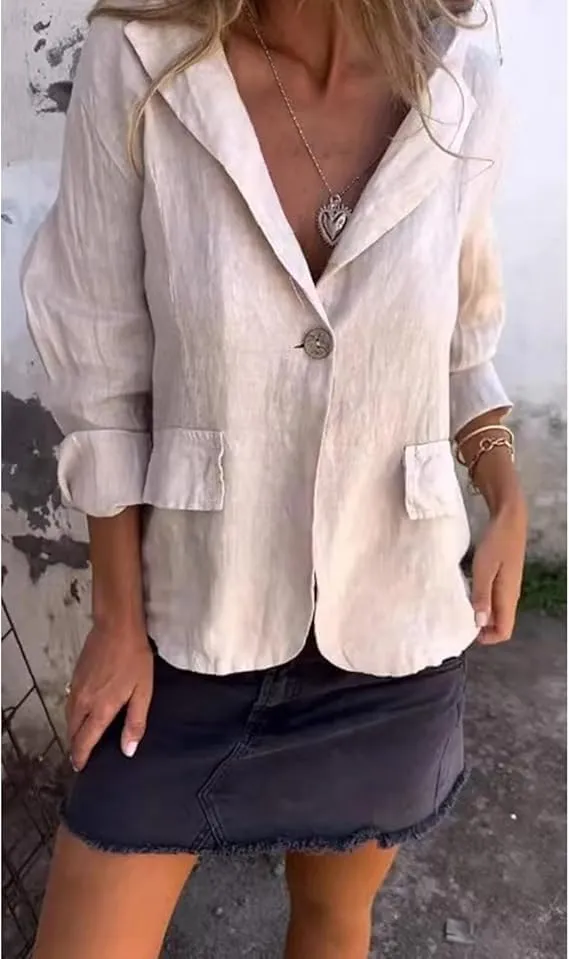 Cotton and Linen Casual Lapel Single-Button Thin Coat, Loose Casual Linen Blazers for Women