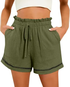 Cotton Linen Shorts for Women High Waisted Drawstring Wide Leg Summer Shorts with Pockets
