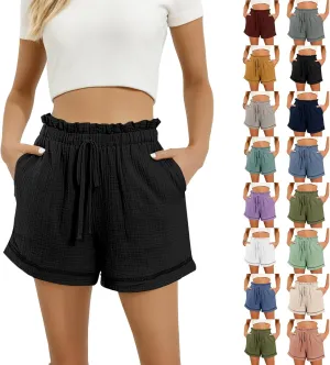 Cotton Linen Shorts for Women High Waisted Drawstring Wide Leg Summer Shorts with Pockets