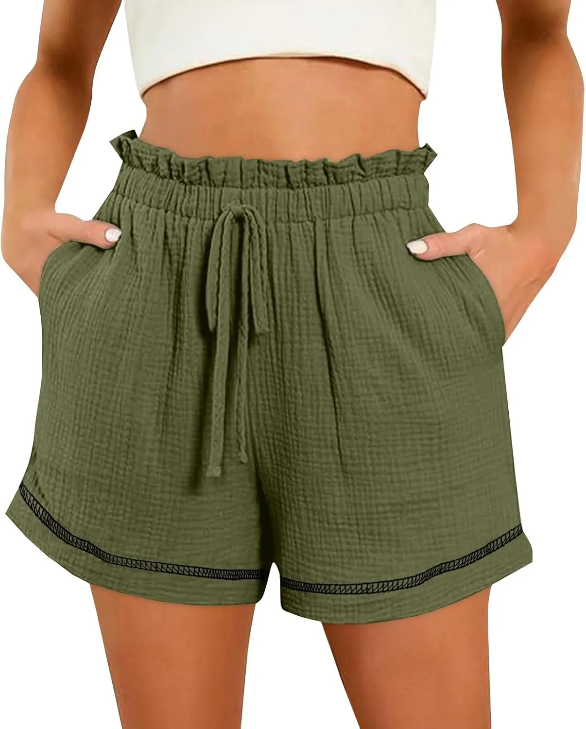 Cotton Linen Shorts for Women High Waisted Drawstring Wide Leg Summer Shorts with Pockets