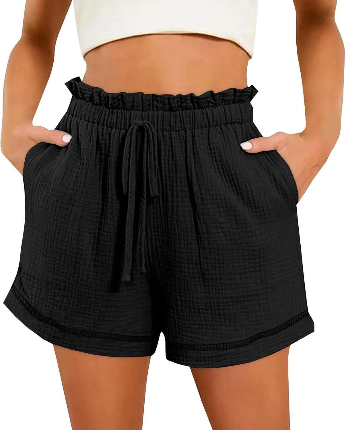 Cotton Linen Shorts for Women High Waisted Drawstring Wide Leg Summer Shorts with Pockets