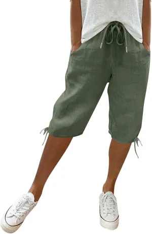 Cotton Linen Shorts for Women Summer Casual Knee Length Bermuda Shorts Drawstring Elastic Waist Shorts with Pockets