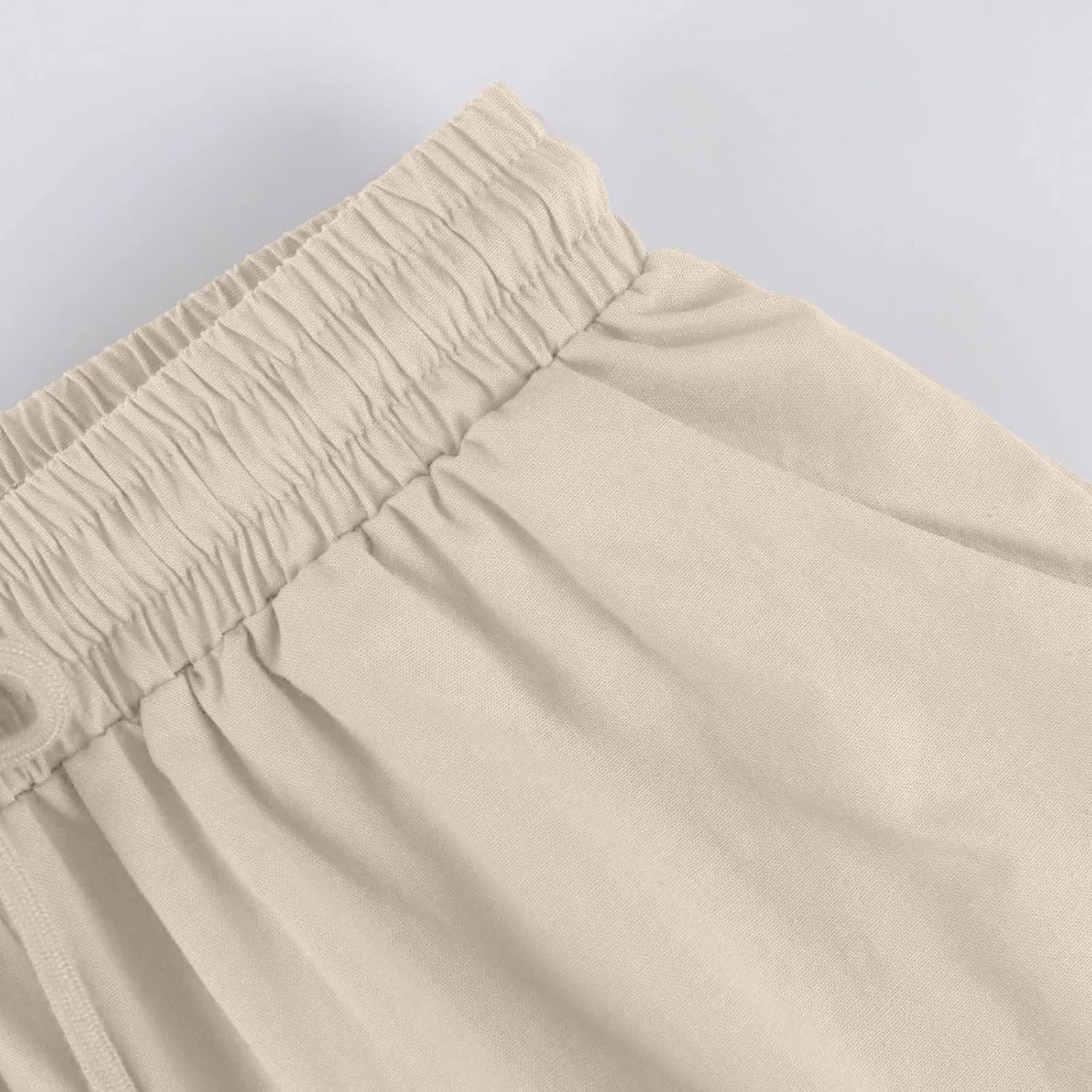 Cotton Linen Shorts for Women Summer Casual Knee Length Bermuda Shorts Drawstring Elastic Waist Shorts with Pockets
