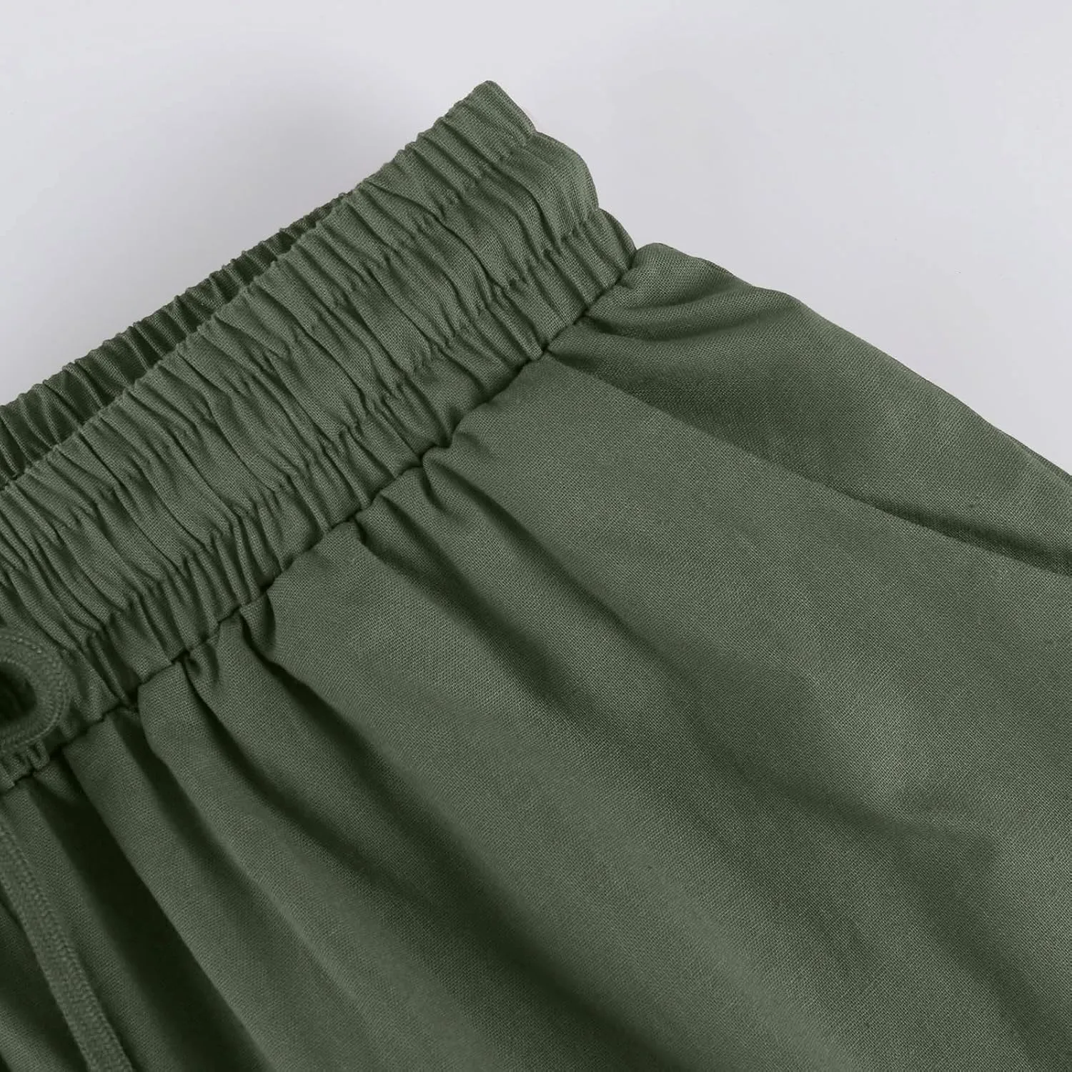 Cotton Linen Shorts for Women Summer Casual Knee Length Bermuda Shorts Drawstring Elastic Waist Shorts with Pockets